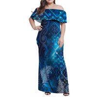 Aotearoa Taniko Matariki Family Matching Off Shoulder Maxi Dress and Hawaiian Shirt Cosmic Blue LT7 Mom's Dress Blue - Polynesian Pride