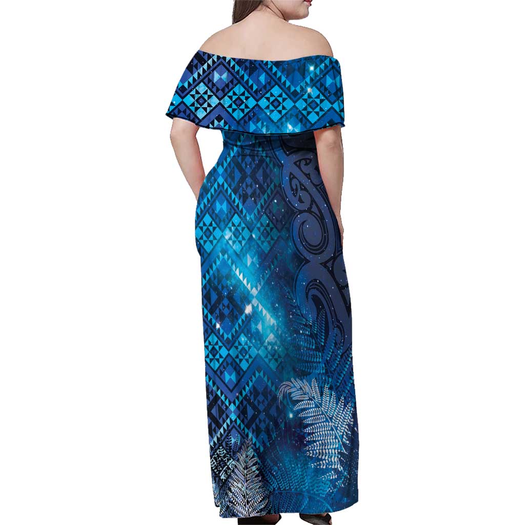 Aotearoa Taniko Matariki Family Matching Off Shoulder Maxi Dress and Hawaiian Shirt Cosmic Blue LT7 - Polynesian Pride