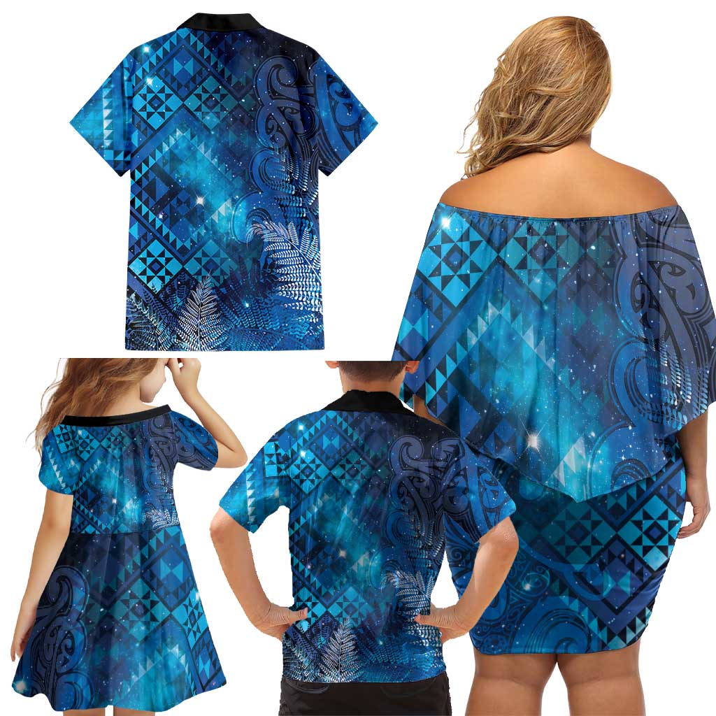 Aotearoa Taniko Matariki Family Matching Off Shoulder Short Dress and Hawaiian Shirt Cosmic Blue LT7 - Polynesian Pride