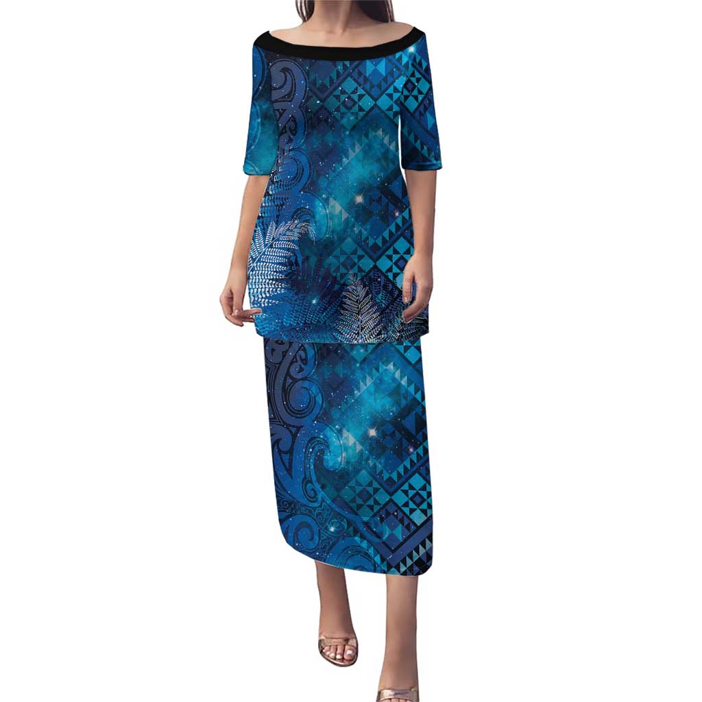 Aotearoa Taniko Matariki Family Matching Puletasi and Hawaiian Shirt Cosmic Blue LT7 Mom's Dress Blue - Polynesian Pride
