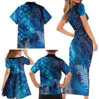 Aotearoa Taniko Matariki Family Matching Short Sleeve Bodycon Dress and Hawaiian Shirt Cosmic Blue LT7 - Polynesian Pride