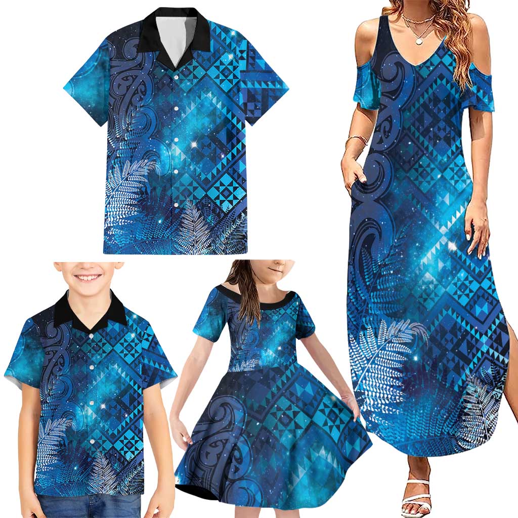 Aotearoa Taniko Matariki Family Matching Summer Maxi Dress and Hawaiian Shirt Cosmic Blue LT7 - Polynesian Pride