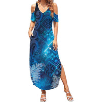 Aotearoa Taniko Matariki Family Matching Summer Maxi Dress and Hawaiian Shirt Cosmic Blue LT7 Mom's Dress Blue - Polynesian Pride