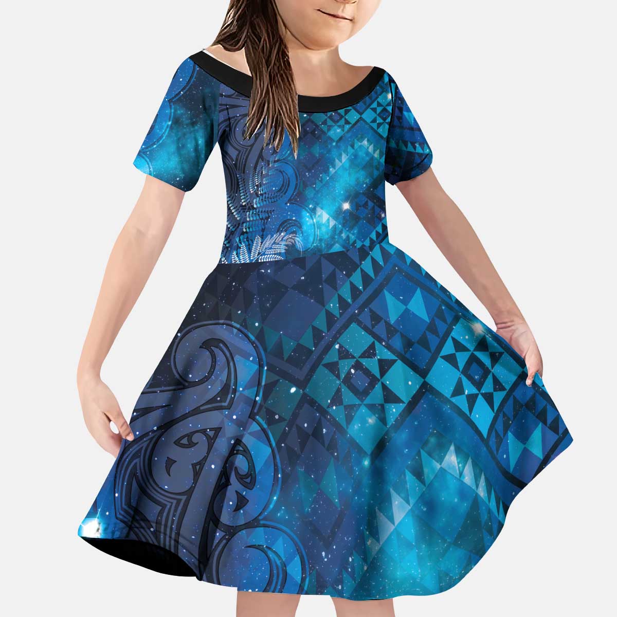 Aotearoa Taniko Matariki Kid Short Sleeve Dress Cosmic Blue LT7 KID Blue - Polynesian Pride
