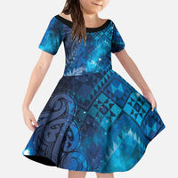 Aotearoa Taniko Matariki Kid Short Sleeve Dress Cosmic Blue LT7 KID Blue - Polynesian Pride