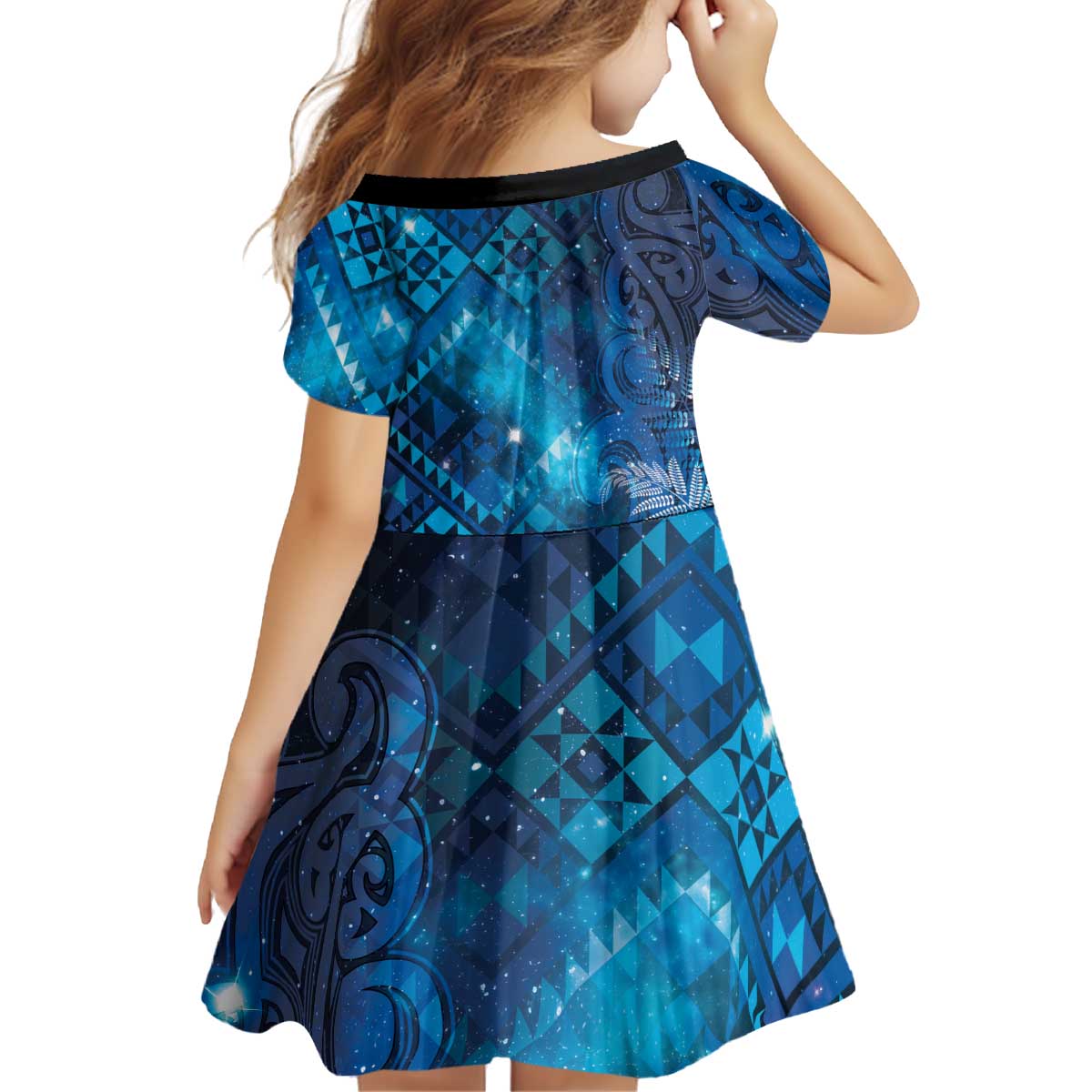 Aotearoa Taniko Matariki Kid Short Sleeve Dress Cosmic Blue LT7 - Polynesian Pride