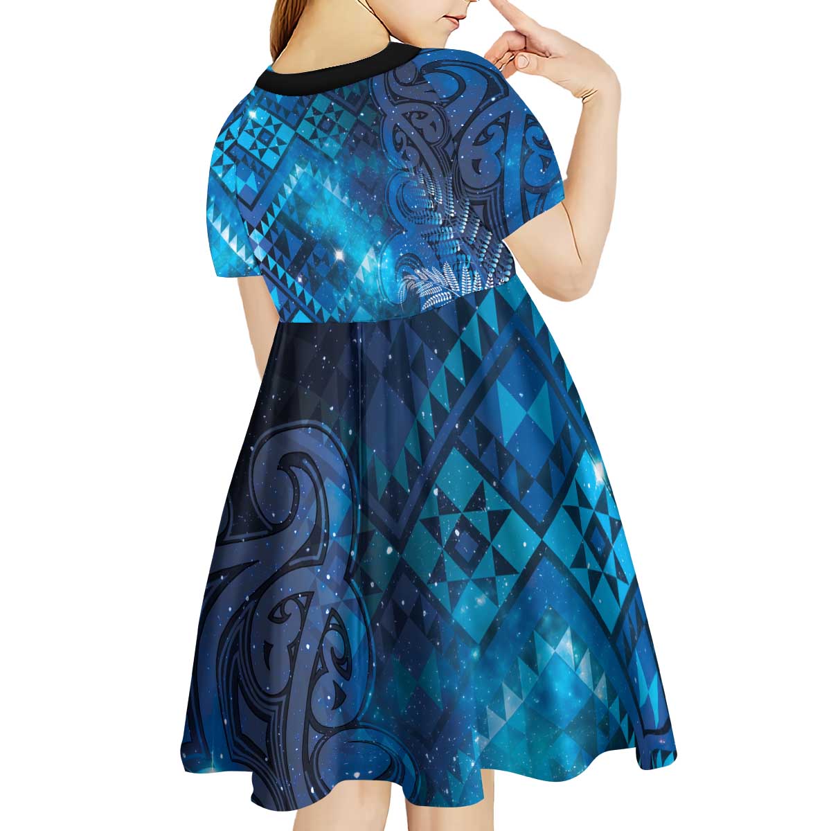 Aotearoa Taniko Matariki Kid Short Sleeve Dress Cosmic Blue LT7 - Polynesian Pride