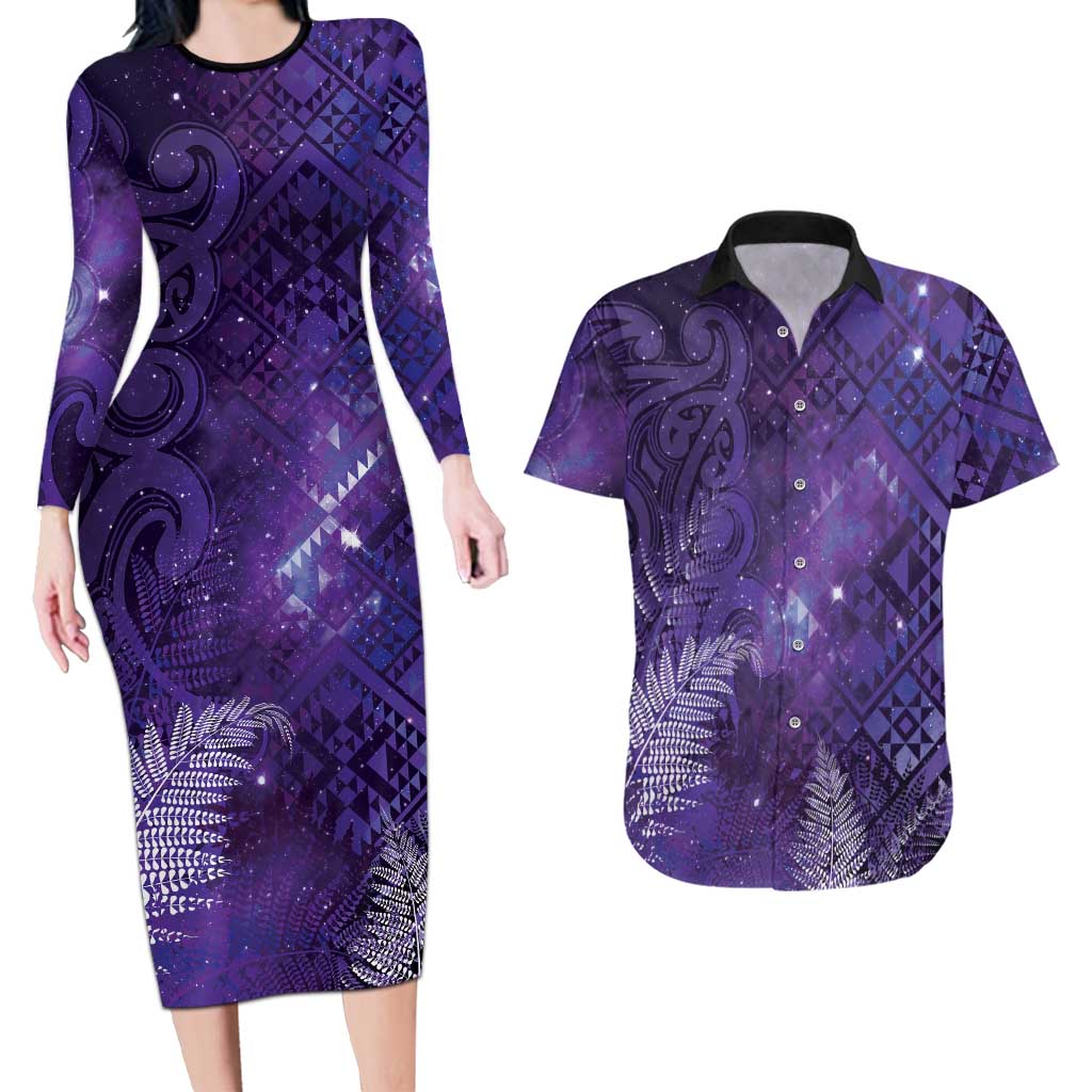 Aotearoa Taniko Matariki Couples Matching Long Sleeve Bodycon Dress and Hawaiian Shirt Cosmic Violet