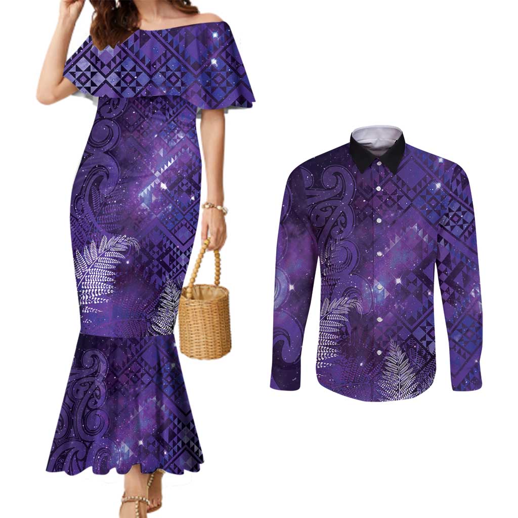Aotearoa Taniko Matariki Couples Matching Mermaid Dress and Long Sleeve Button Shirt Cosmic Violet