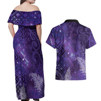Aotearoa Taniko Matariki Couples Matching Off Shoulder Maxi Dress and Hawaiian Shirt Cosmic Violet