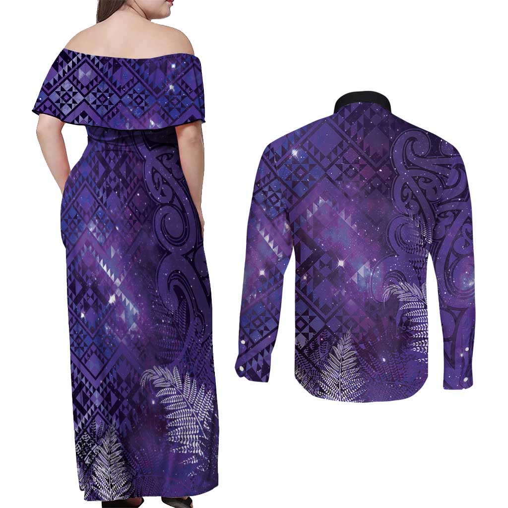 Aotearoa Taniko Matariki Couples Matching Off Shoulder Maxi Dress and Long Sleeve Button Shirt Cosmic Violet