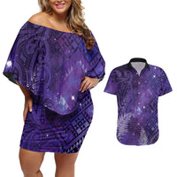 Aotearoa Taniko Matariki Couples Matching Off Shoulder Short Dress and Hawaiian Shirt Cosmic Violet