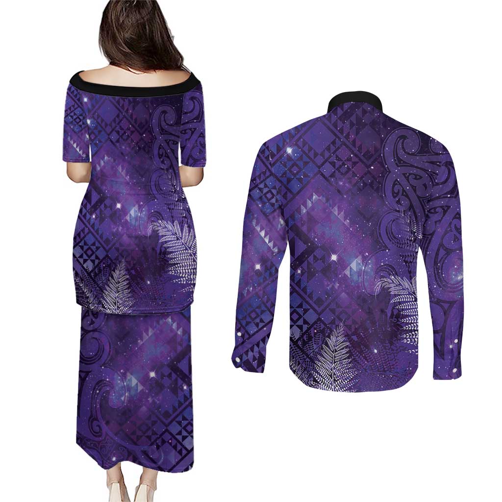 Aotearoa Taniko Matariki Couples Matching Puletasi and Long Sleeve Button Shirt Cosmic Violet