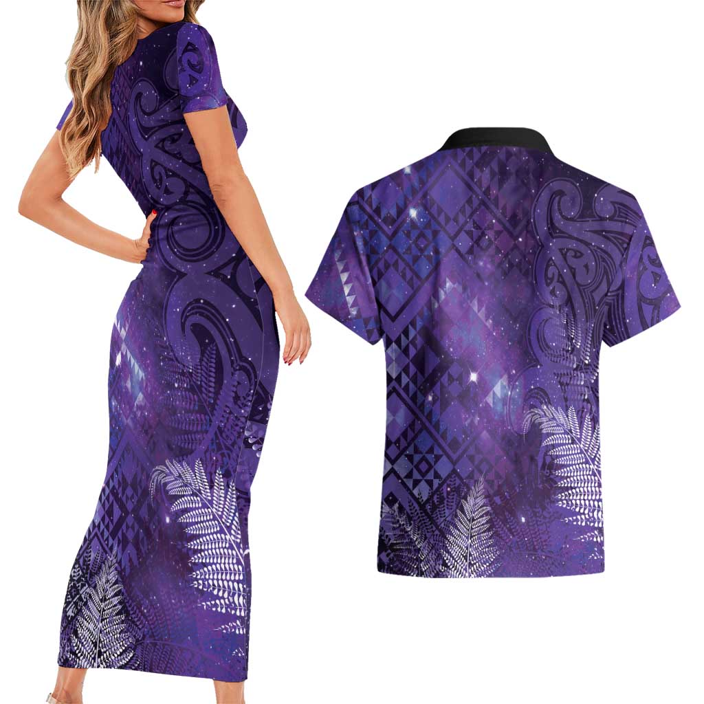 Aotearoa Taniko Matariki Couples Matching Short Sleeve Bodycon Dress and Hawaiian Shirt Cosmic Violet LT7 - Polynesian Pride