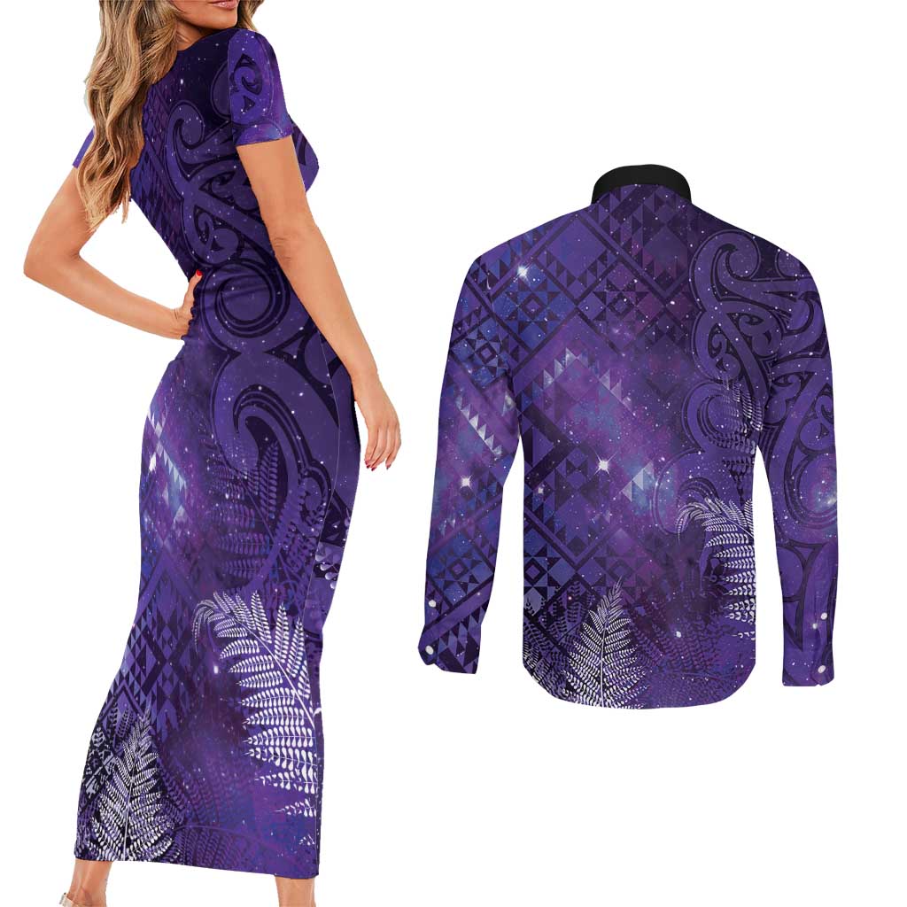Aotearoa Taniko Matariki Couples Matching Short Sleeve Bodycon Dress and Long Sleeve Button Shirt Cosmic Violet