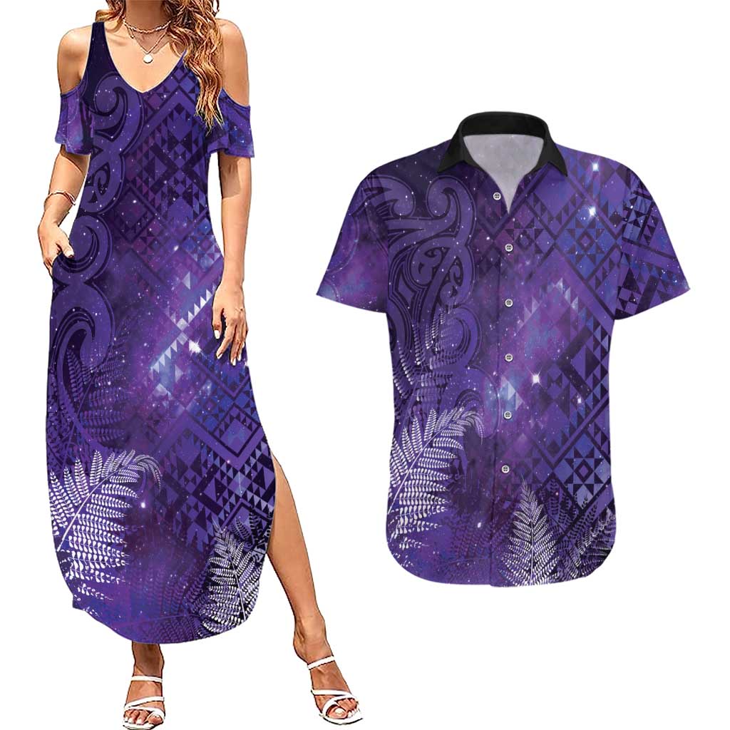 Aotearoa Taniko Matariki Couples Matching Summer Maxi Dress and Hawaiian Shirt Cosmic Violet