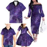 Aotearoa Taniko Matariki Family Matching Off The Shoulder Long Sleeve Dress and Hawaiian Shirt Cosmic Violet LT7 - Polynesian Pride