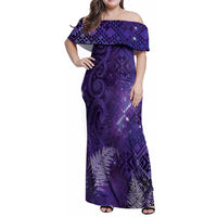 Aotearoa Taniko Matariki Family Matching Off Shoulder Maxi Dress and Hawaiian Shirt Cosmic Violet LT7 Mom's Dress Purple - Polynesian Pride