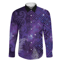 Aotearoa Taniko Matariki Family Matching Off Shoulder Short Dress and Hawaiian Shirt Cosmic Violet LT7 Dad's Shirt - Long Sleeve Purple - Polynesian Pride