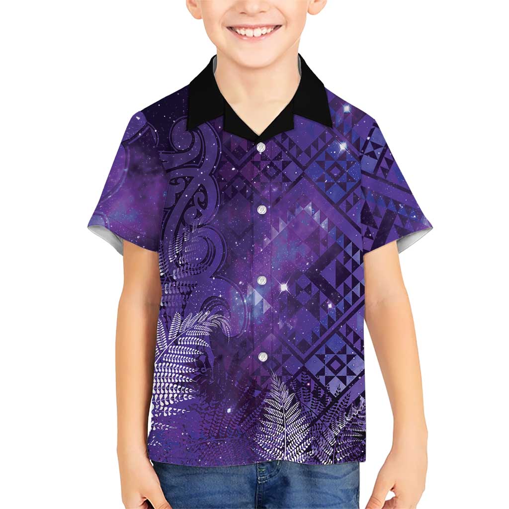 Aotearoa Taniko Matariki Family Matching Off Shoulder Short Dress and Hawaiian Shirt Cosmic Violet LT7 Son's Shirt Purple - Polynesian Pride