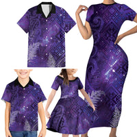 Aotearoa Taniko Matariki Family Matching Short Sleeve Bodycon Dress and Hawaiian Shirt Cosmic Violet LT7 - Polynesian Pride