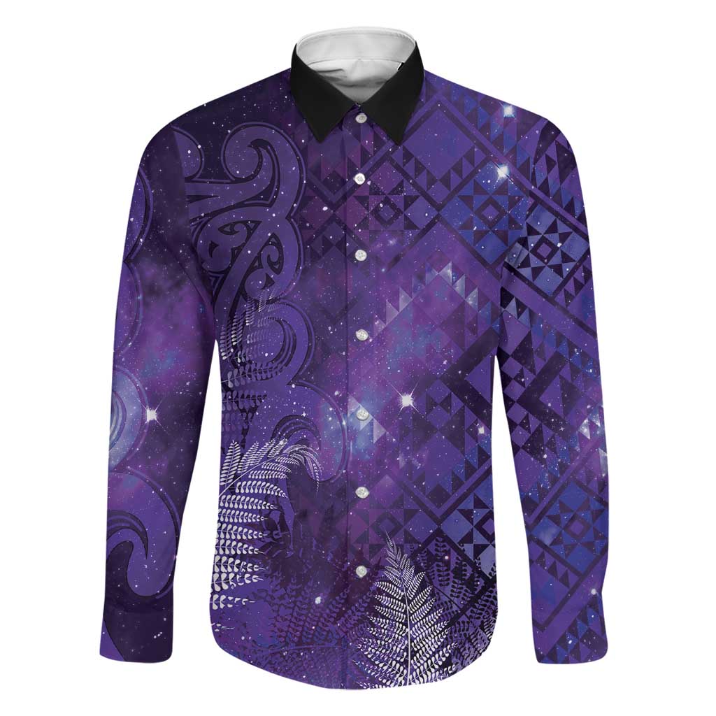 Aotearoa Taniko Matariki Family Matching Short Sleeve Bodycon Dress and Hawaiian Shirt Cosmic Violet LT7 Dad's Shirt - Long Sleeve Purple - Polynesian Pride