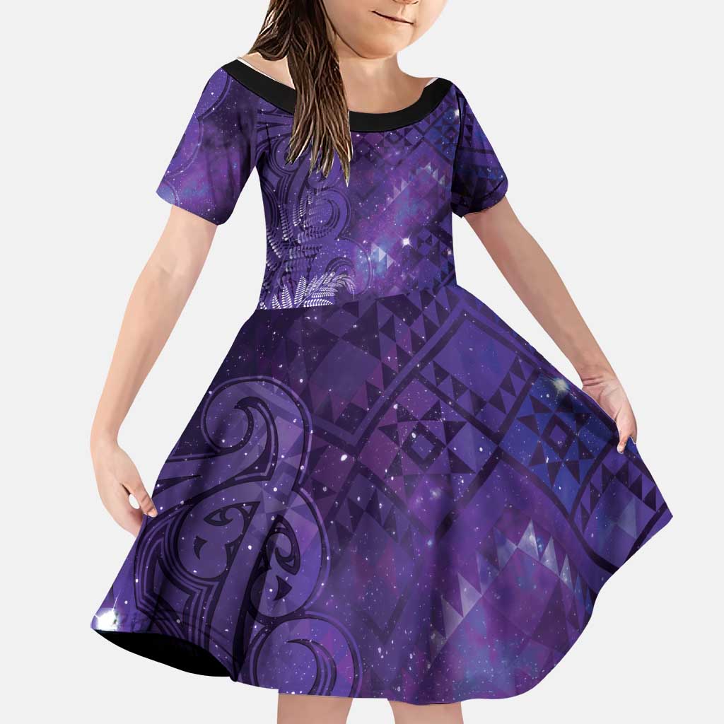 Aotearoa Taniko Matariki Family Matching Summer Maxi Dress and Hawaiian Shirt Cosmic Violet LT7 Daughter's Dress Purple - Polynesian Pride