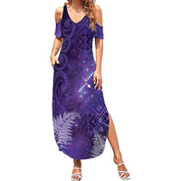 Aotearoa Taniko Matariki Family Matching Summer Maxi Dress and Hawaiian Shirt Cosmic Violet LT7 Mom's Dress Purple - Polynesian Pride