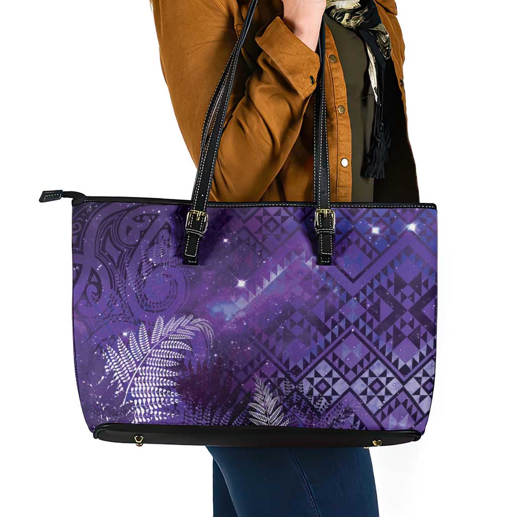 Aotearoa Taniko Matariki Leather Tote Bag Cosmic Violet