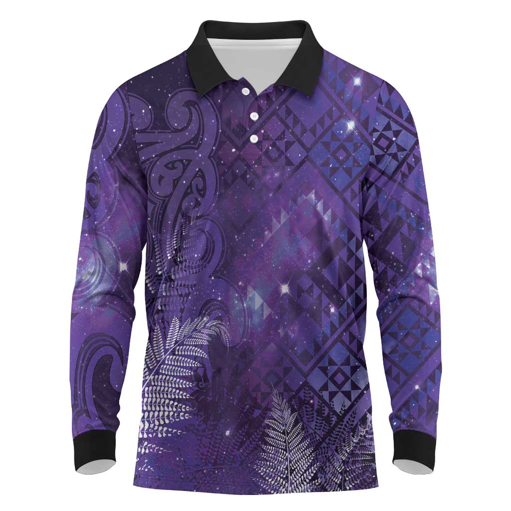 Aotearoa Taniko Matariki Long Sleeve Polo Shirt Cosmic Violet LT7 Purple - Polynesian Pride