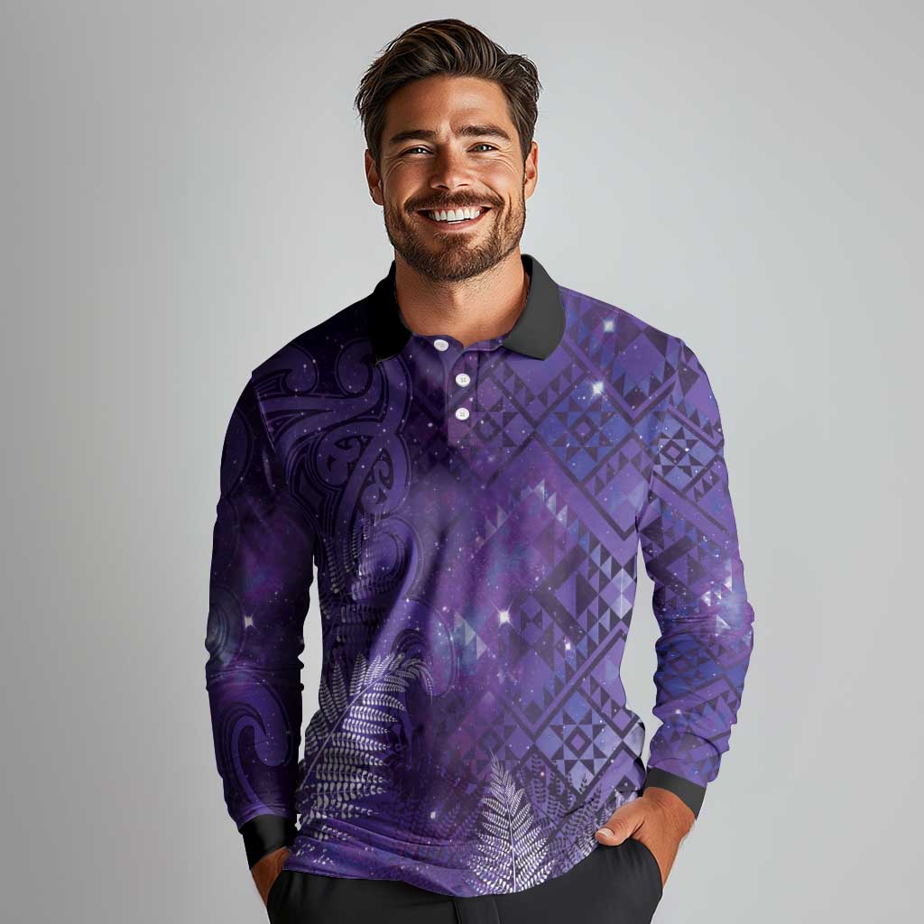 Aotearoa Taniko Matariki Long Sleeve Polo Shirt Cosmic Violet LT7 - Polynesian Pride
