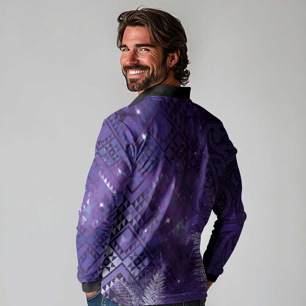 Aotearoa Taniko Matariki Long Sleeve Polo Shirt Cosmic Violet LT7 - Polynesian Pride