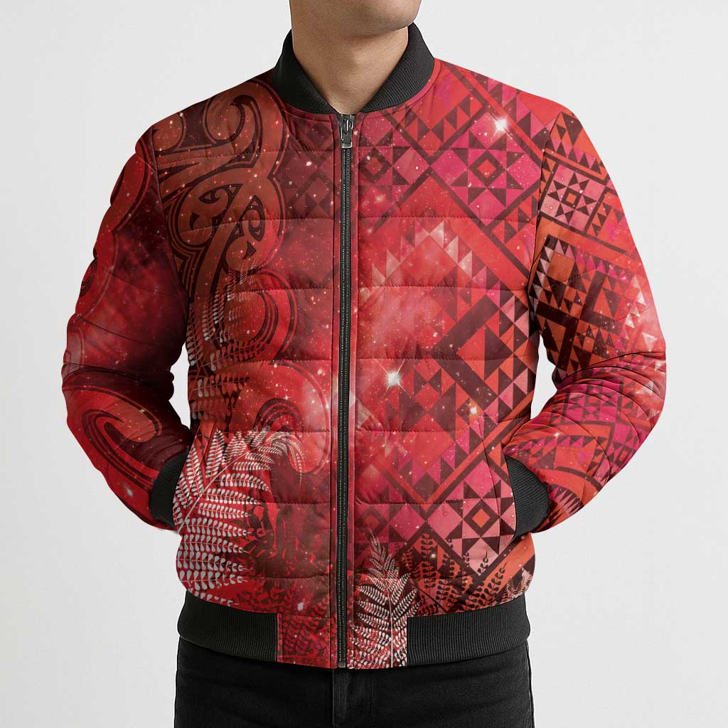 Aotearoa Taniko Matariki Bomber Puffer Jacket Cosmic Red