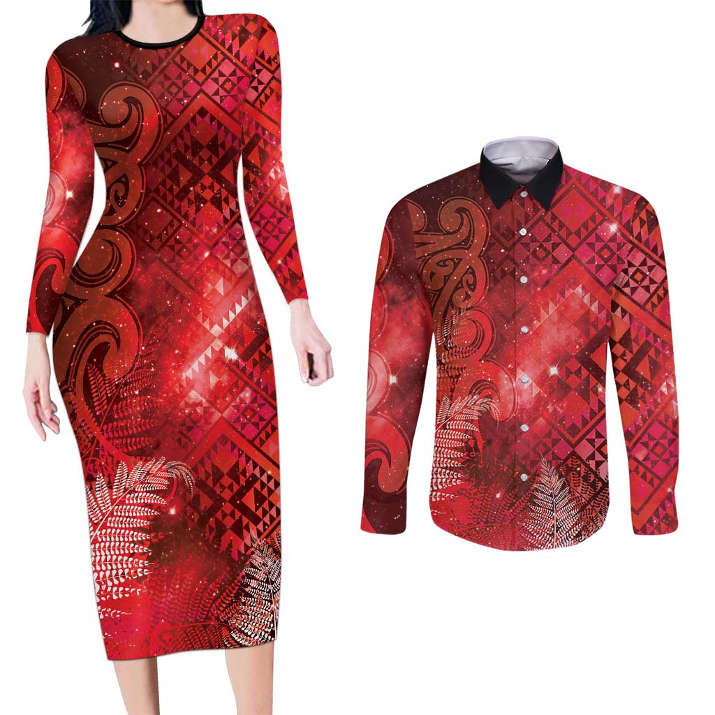 Aotearoa Taniko Matariki Couples Matching Long Sleeve Bodycon Dress and Long Sleeve Button Shirt Cosmic Red