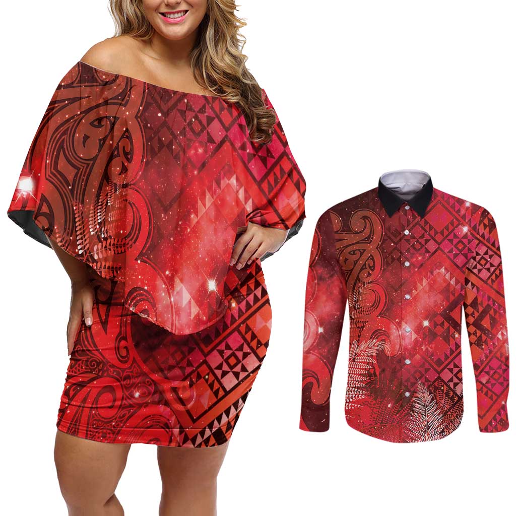 Aotearoa Taniko Matariki Couples Matching Off Shoulder Short Dress and Long Sleeve Button Shirt Cosmic Red