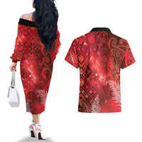Aotearoa Taniko Matariki Couples Matching Off The Shoulder Long Sleeve Dress and Hawaiian Shirt Cosmic Red LT7 - Polynesian Pride