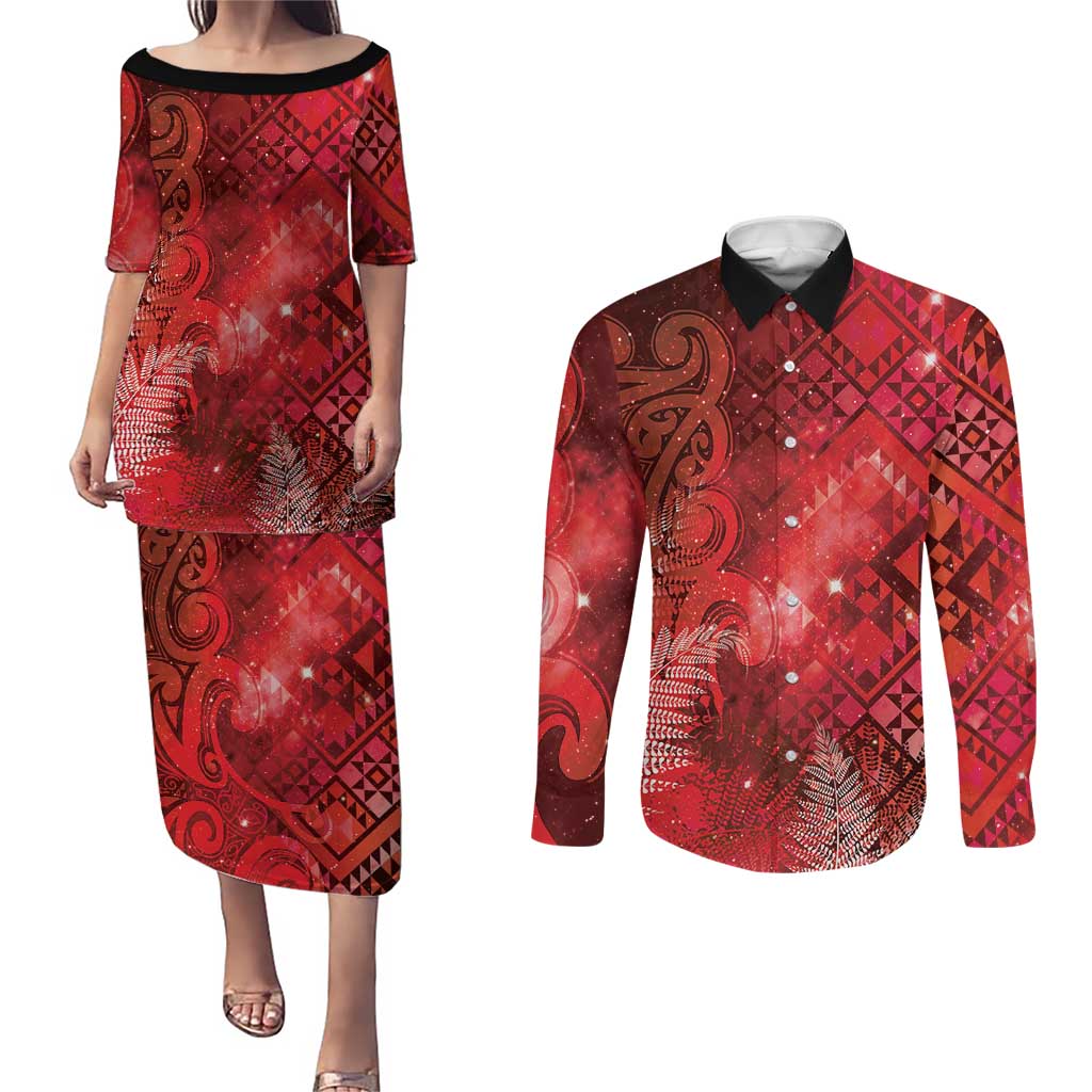 Aotearoa Taniko Matariki Couples Matching Puletasi and Long Sleeve Button Shirt Cosmic Red
