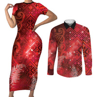 Aotearoa Taniko Matariki Couples Matching Short Sleeve Bodycon Dress and Long Sleeve Button Shirt Cosmic Red