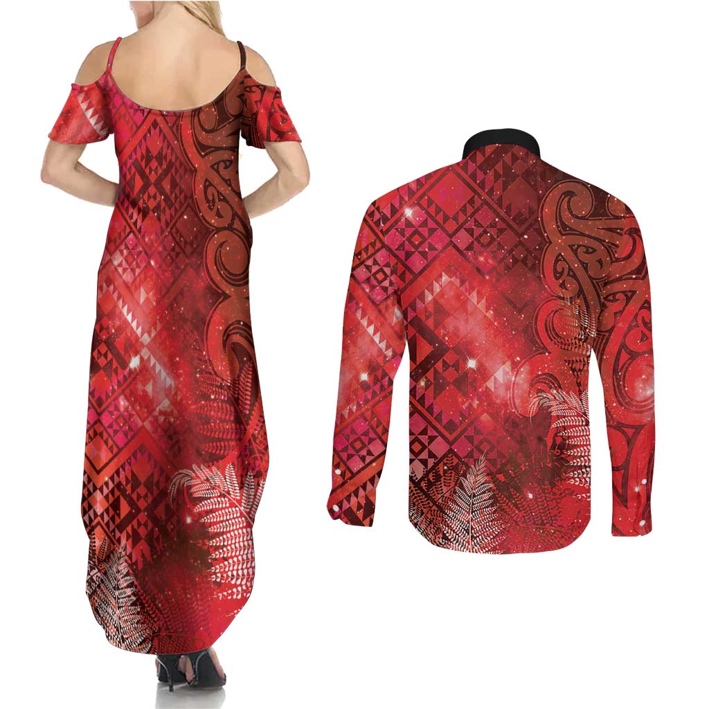 Aotearoa Taniko Matariki Couples Matching Summer Maxi Dress and Long Sleeve Button Shirt Cosmic Red