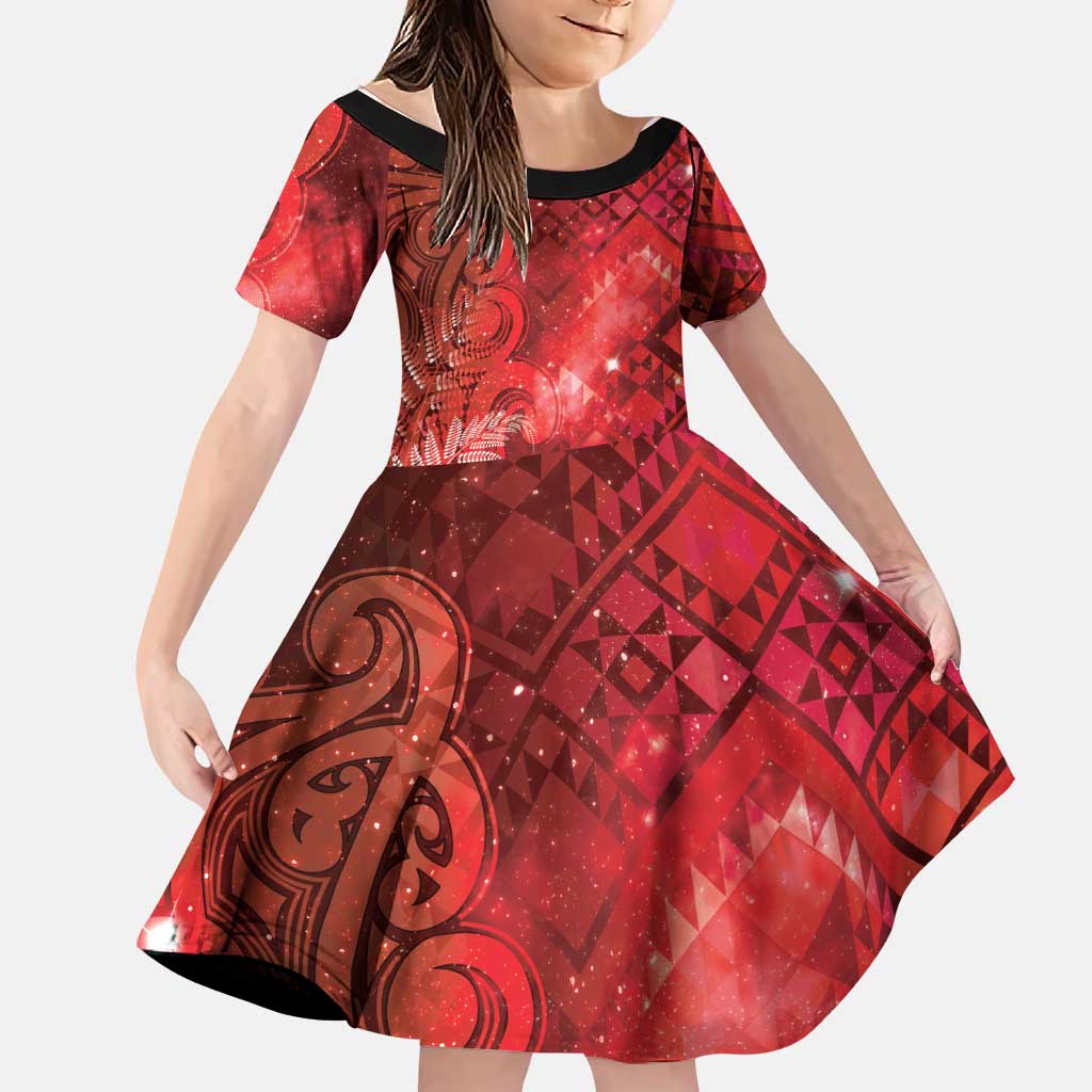 Aotearoa Taniko Matariki Family Matching Long Sleeve Bodycon Dress and Hawaiian Shirt Cosmic Red LT7 Daughter's Dress Red - Polynesian Pride