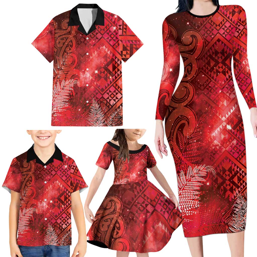 Aotearoa Taniko Matariki Family Matching Long Sleeve Bodycon Dress and Hawaiian Shirt Cosmic Red LT7 - Polynesian Pride