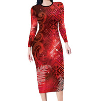 Aotearoa Taniko Matariki Family Matching Long Sleeve Bodycon Dress and Hawaiian Shirt Cosmic Red LT7 Mom's Dress Red - Polynesian Pride