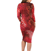 Aotearoa Taniko Matariki Family Matching Long Sleeve Bodycon Dress and Hawaiian Shirt Cosmic Red LT7 - Polynesian Pride