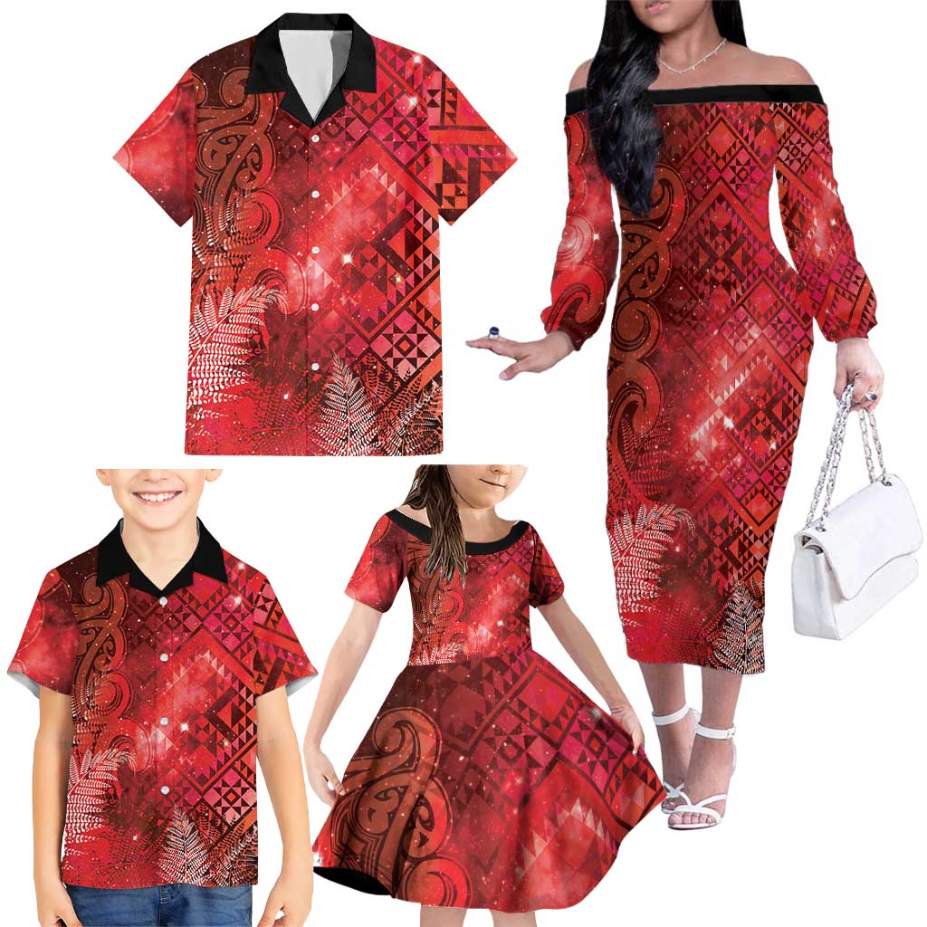 Aotearoa Taniko Matariki Family Matching Off The Shoulder Long Sleeve Dress and Hawaiian Shirt Cosmic Red LT7 - Polynesian Pride