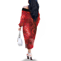 Aotearoa Taniko Matariki Family Matching Off The Shoulder Long Sleeve Dress and Hawaiian Shirt Cosmic Red LT7 - Polynesian Pride