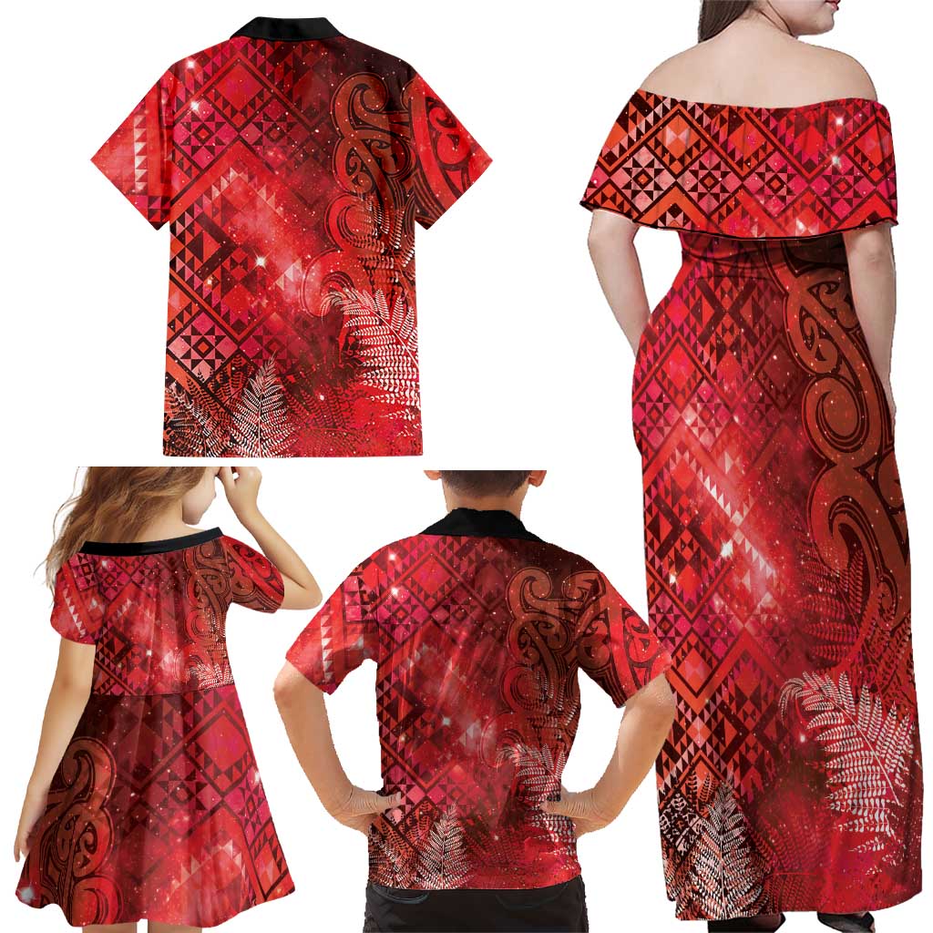 Aotearoa Taniko Matariki Family Matching Off Shoulder Maxi Dress and Hawaiian Shirt Cosmic Red LT7 - Polynesian Pride