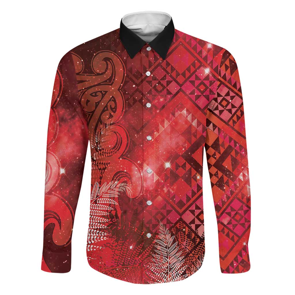 Aotearoa Taniko Matariki Family Matching Off Shoulder Maxi Dress and Hawaiian Shirt Cosmic Red LT7 Dad's Shirt - Long Sleeve Red - Polynesian Pride