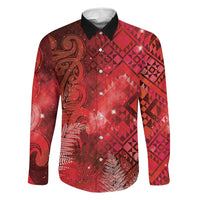 Aotearoa Taniko Matariki Family Matching Off Shoulder Maxi Dress and Hawaiian Shirt Cosmic Red LT7 Dad's Shirt - Long Sleeve Red - Polynesian Pride