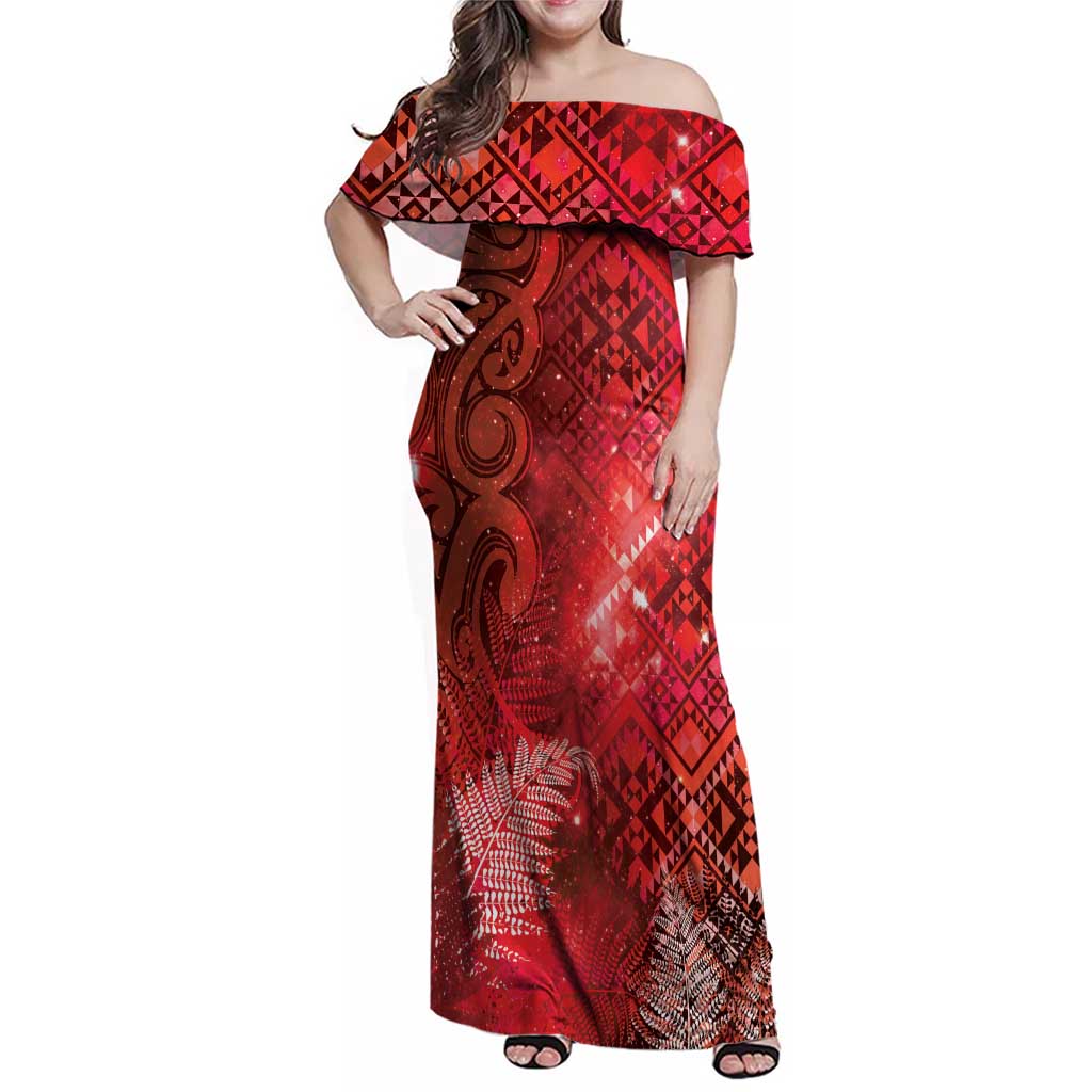 Aotearoa Taniko Matariki Family Matching Off Shoulder Maxi Dress and Hawaiian Shirt Cosmic Red LT7 Mom's Dress Red - Polynesian Pride