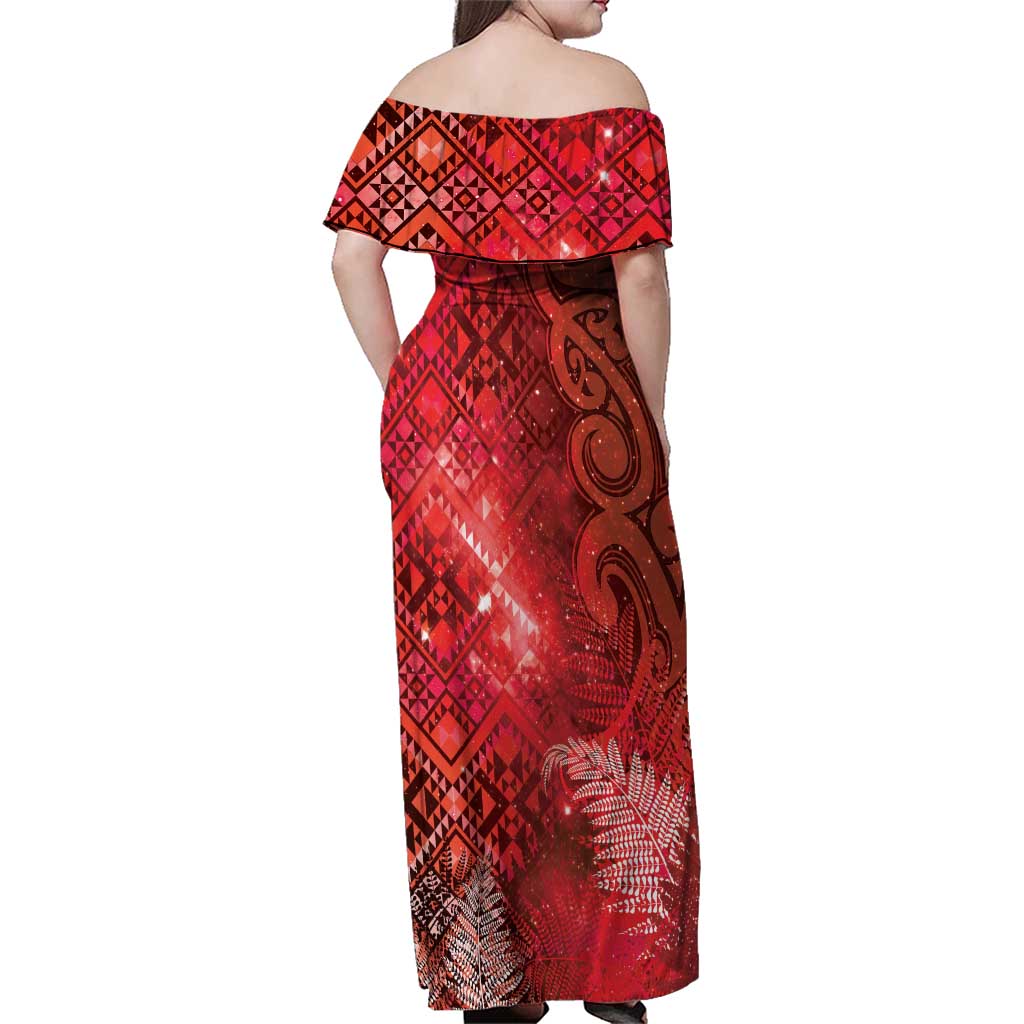 Aotearoa Taniko Matariki Family Matching Off Shoulder Maxi Dress and Hawaiian Shirt Cosmic Red LT7 - Polynesian Pride